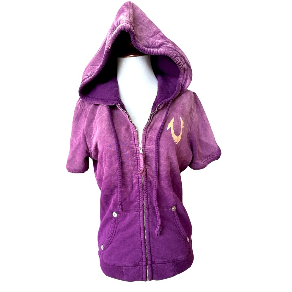 True Religion,New With Tags, Size L,Purple Ombré Distressed Short Sleeve Hoodie